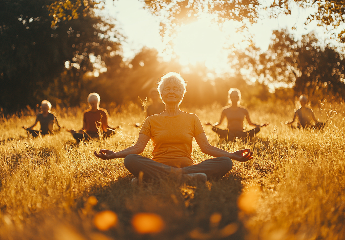 Інструктор допомагає старшій жінці з позою йоги